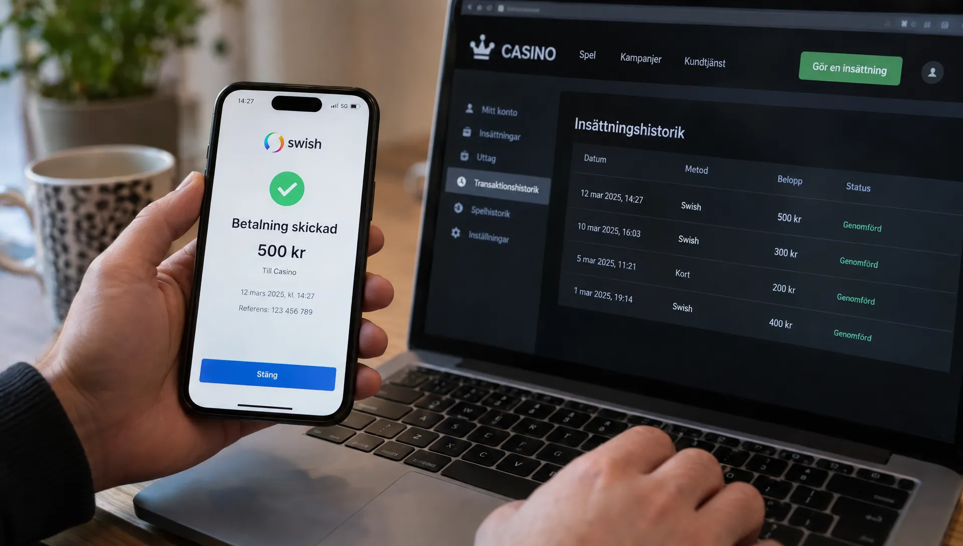 En hand granskar en Swish-betalning på mobilen medan en transaktionsbekräftelse och casinots insättningshistorik finns öppna bredvid.