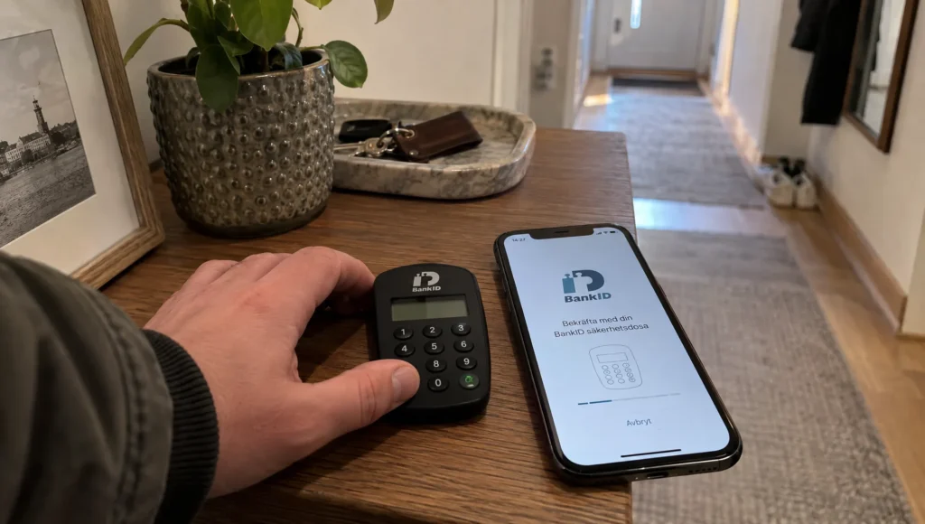 En hand vilar bredvid en mobil och BankID-dosa inför identifiering för ett svenskt nätcasino.