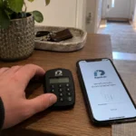 En hand vilar bredvid en mobil och BankID-dosa inför identifiering för ett svenskt nätcasino.