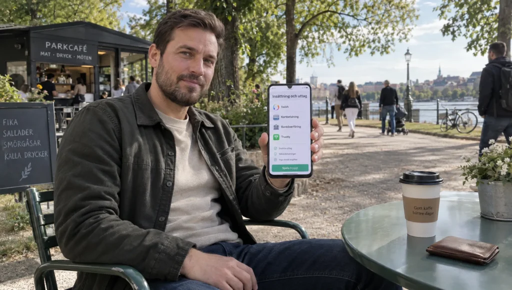 En person läser om Swish och uttagsvillkor på sin telefon vid ett kafébord i en park.