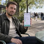 En person läser om Swish och uttagsvillkor på sin telefon vid ett kafébord i en park.
