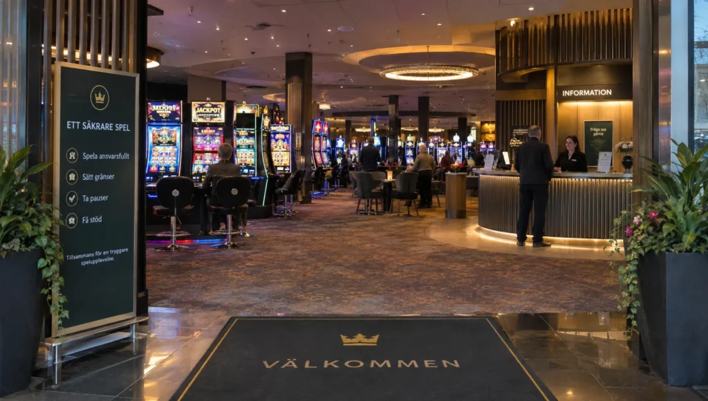 En svensk casinospelsal med spelautomater och informationsdisk visar miljön där bonusar och freespins erbjuds.