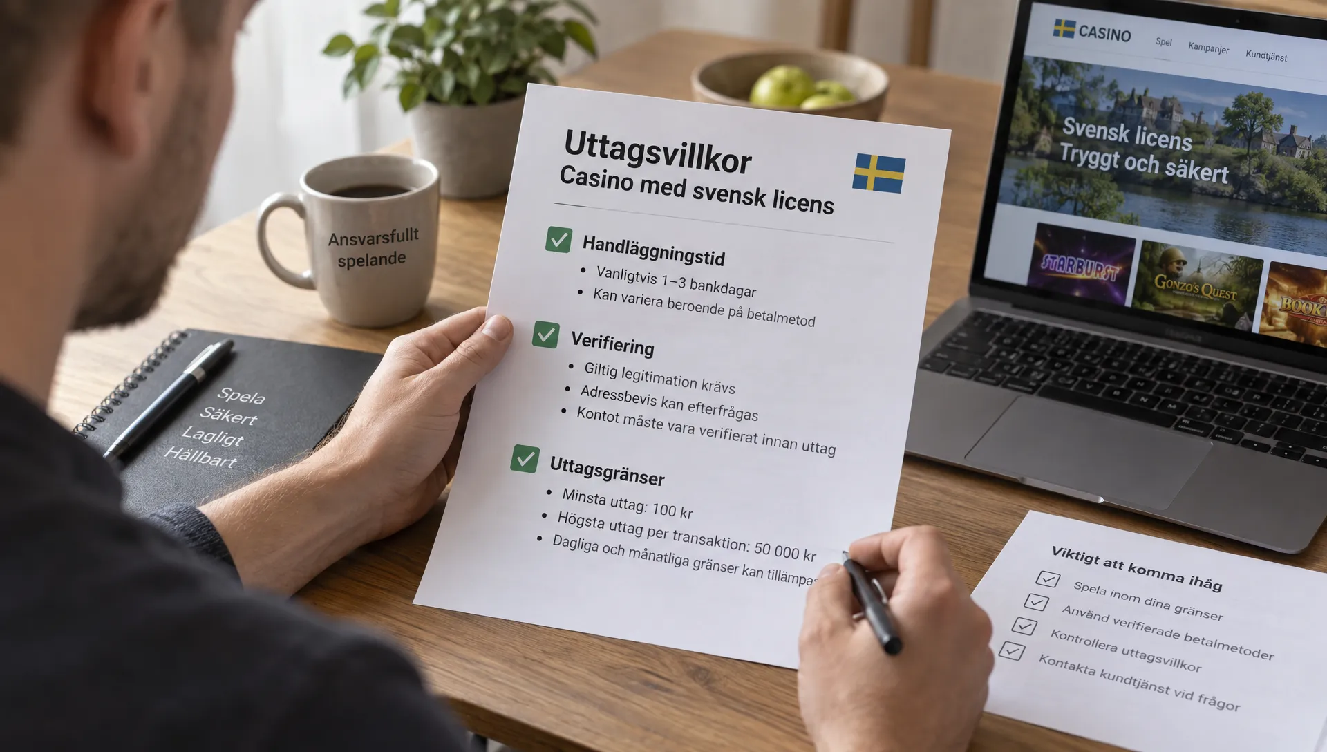 En vuxen går igenom utskrivna uttagsvillkor för ett casino med svensk licens vid ett bord, med handläggningstid, verifiering och uttagsgränser markerade på checklistan.