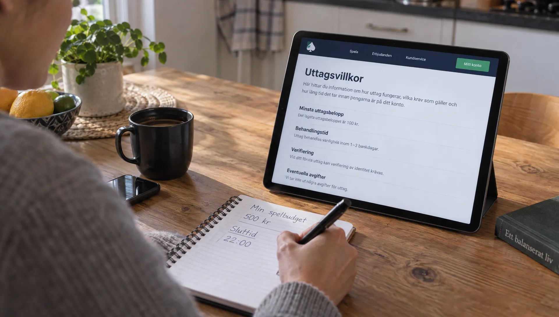 En vuxen sitter vid köksbordet och skriver in en spelbudget och sluttid i en anteckningsbok medan uttagsvillkoren är öppna på en surfplatta.