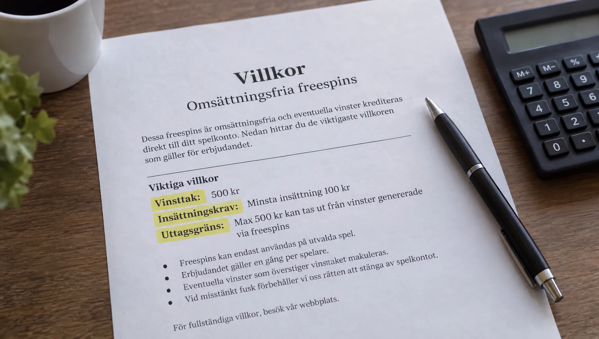 Ett villkorsdokument för omsättningsfria freespins visar markerade uppgifter om vinsttak, insättningskrav och uttagsgräns bredvid en penna och miniräknare.