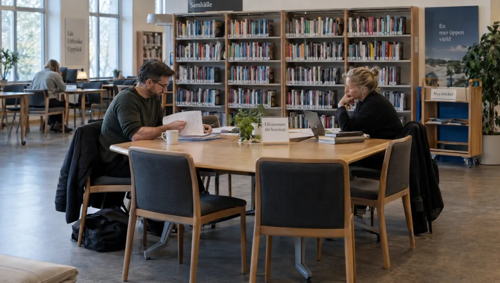 Two adults review comparison criteria together at a library table while assessing Swedish-licensed casinos.