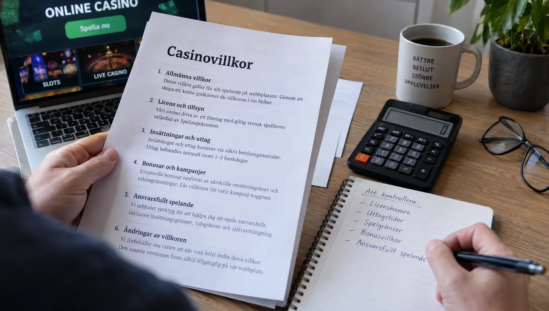Utskrivna casinovillkor granskas med kalkylator och anteckningar om licenshavare, uttag och spelgränser på ett bord.